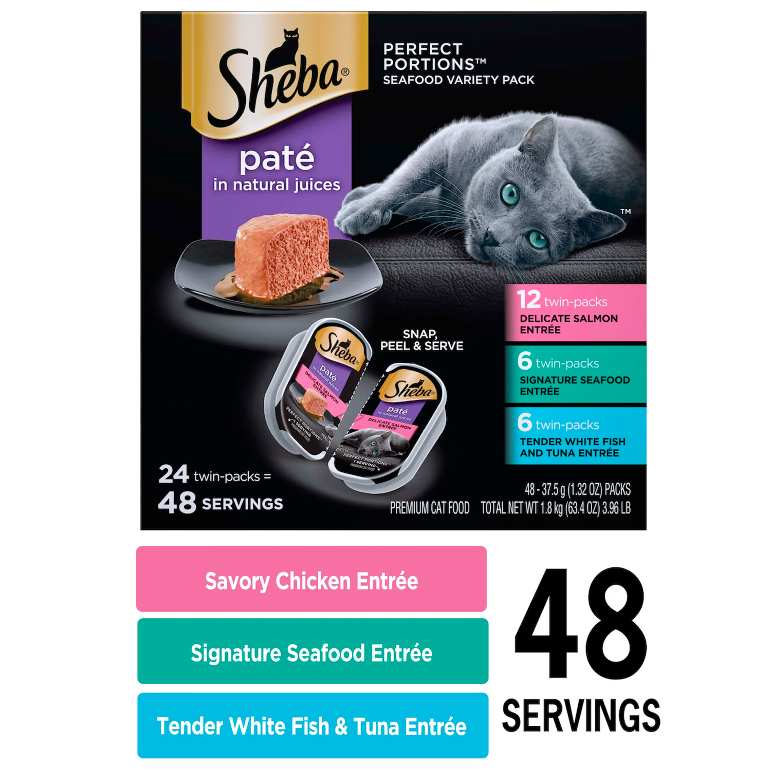 SHEBA Wet Cat Food Pate Variety Pack, Signature Seafood, Delicate Salmon and Tender Whitefish & Tuna Entrees, 2.6 oz. PERFECT PORTIONS Twin-Pack Trays - الصورة 2