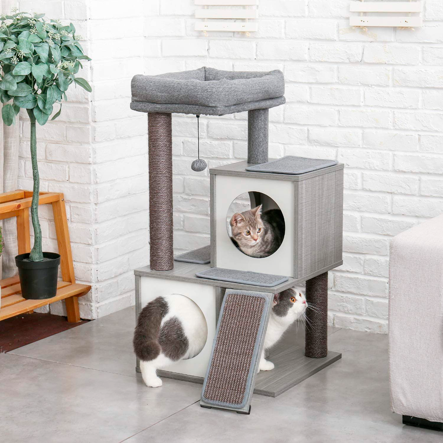 PAWZ Road 36" Wooden Cat Tree Tower with Sisal Scratching Posts for Indoor Kittens and Meduim Cats,Gray - الصورة 3